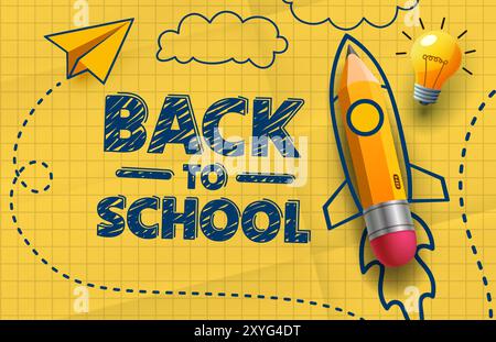 Zurück in die Schule, eine bleistiftförmige Rakete. Vektor Stock Vektor