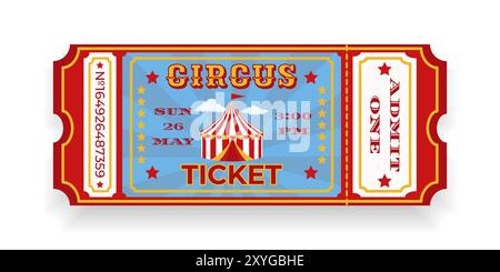 Ein farbenfrohes Vintage-Zirkus-Ticket. Gestreiftes Zirkuszelt in der Mitte, dekorative Elemente, Sternmuster, TEXTZIRKUS, EINS ZULASSEN, Details Ereignisse, Datum A Stock Vektor