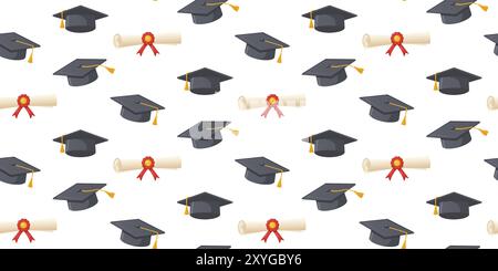 Nahtloses Muster mit Graduierungskappen und Diplomen auf weißem Hintergrund. Mortarboards mit gelben Quasten und Diplomen mit roten Bändern. Für Gra Stock Vektor