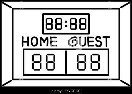 Schwarze Umrisse für die Sportanzeige. Eine rechteckige Anzeigetafel mit digitalen Nummern und Abschnitten mit der Aufschrift HOME und GAST. Für sportpädagogische Materi Stock Vektor