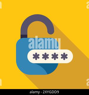 Das entsperrte Vorhängeschloss zeigt ein mit Sternchen verborgenes Kennwort an, das die Online-Sicherheit und den Datenschutz darstellt Stock Vektor