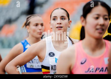 Lima, Peru. August 2024. Die Belgierin Noor Koekelkoren reagiert auf das 100-m-Hürdenrennen der Frauen bei der U20-Leichtathletik-Weltmeisterschaft am Donnerstag, 29. August 2024, in Lima, Peru. Die Weltmeisterschaften finden vom 27. Bis 31. August statt. BELGA PHOTO SONYA MALETER Credit: Belga News Agency/Alamy Live News Stockfoto