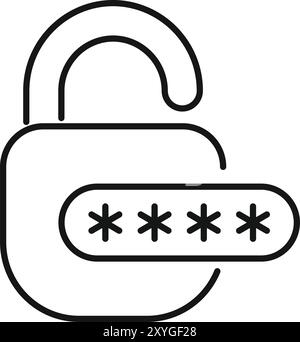 Bei offenem Vorhängeschloss wird ein Kennwort angezeigt, das durch Sterne verborgen ist und anzeigt, dass es entsperrt und zugänglich ist Stock Vektor