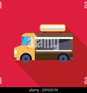 Der gelbe Food Truck, der Straßenessen anbietet, wartet auf Kunden auf rotem Hintergrund Stock Vektor