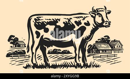 Kühe auf Dorfwiese. Milchbetrieb, Milchkonzept. Handgezeichnete Zeichnung ländliche Landschaft mit Nutztier Stock Vektor