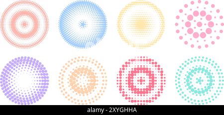 Halbtöne, geometrische Punkte, Farbverlauf und Pop-Art-Textur. Kreis Pastell Farben Halbtöne. Vektorabbildung Stock Vektor