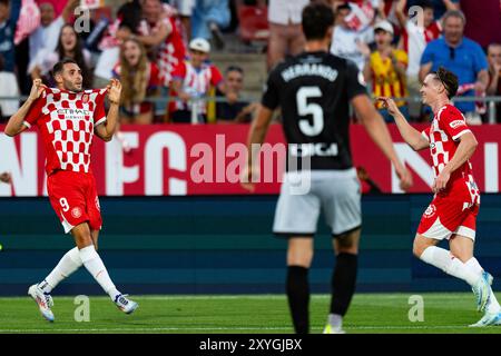 Girona, Spanien. August 2024. Abel Ruiz (Girona FC) feiert, nachdem er am 29. August 2024 im Montilivi-Stadion in Girona, Spanien, während des Fußballspiels La Liga zwischen Girona FC und CA Osasuna einen Treffer erzielte. Foto: Siu Wu Credit: dpa/Alamy Live News Stockfoto