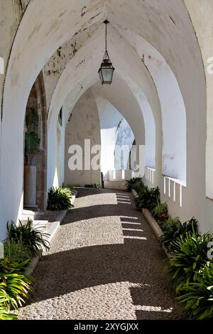 SINTRA, Portugal – die lebendige und vielseitige Außenarchitektur des Pena Palace, die seine Mischung aus romantischen, maurischen und neo-Manuelinischen Stilen zeigt. Die farbenfrohen Fassaden, kunstvollen Details und skurrilen Elemente des Palastes verkörpern die romantische Architektur des 19. Jahrhunderts und die Vision von König Ferdinand II. Von einem Märchenschloss. Stockfoto