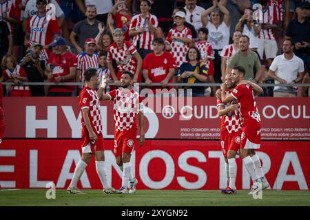 Abel Ruiz (Girona FC) feiert, nachdem er am 29. August 2024 bei einer La Liga EA Sports im Estadi Municipal de Montilivi in Girona, Spanien, das Tor seines Teams erzielt hat. Foto von Felipe Mondino Stockfoto