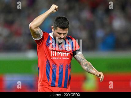 Schlussjubel, Freude, Glueck, Jubel Marnon Busch 1. FC Heidenheim 1846 FCH (02) 1. FC Heidenheim vs. BK Haecken, Fussball, Conference League, Play Off, Rueckspiel, Saison 2024/25, 29.08.2024 Foto: Eibner-Pressefoto/Michael Weber Stockfoto