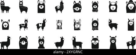 Alpaka-Symbole gesetzt. Große lustige Lama mit verschiedenen Kleidern und Accessoires Ikonen setzen einfachen Stil Stock Vektor