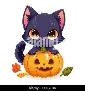 Vektor-Illustration des entzückenden schwarzen Kätzchens mit hell orange Jack-o-Laterne, perfekt für Halloween-Themen Designs Stock Vektor