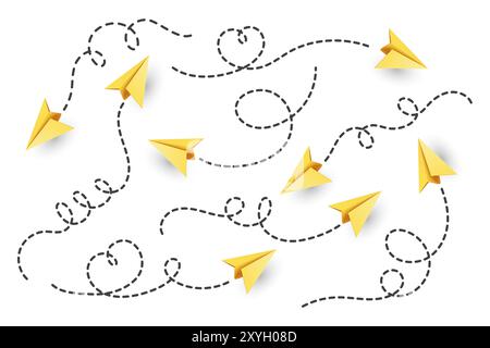 Sammlung Von Vektor-Realistischen Papierebenen. Symbolgruppe „Papierebene“. Herzförmiges fliegendes Papierflugzeug mit gepunktetem Luftweg. Gelbe Papierebenen mit Punkten Stock Vektor