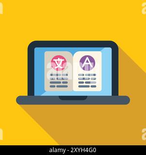 Laptop mit digitalem Übersetzungstool für das Sprachenlernen, mit chinesischem Schriftzug und römischem Buchstaben A für verschiedene Sprachen Stock Vektor