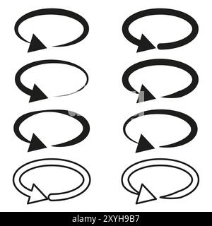 Kreisförmige Pfeilsymbole. Drehbare Pfeilsymbole. Fettgedruckte geschwungene Pfeile. Abstrakte Vektorformen. Stock Vektor