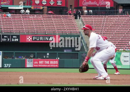 St. Louis, Usa. August 2024. St. Louis Cardinals erster Baseman Paul Goldschmidt wartet am Donnerstag, den 29. August 2024, im Busch Stadium in St. Louis auf den nächsten Platz im vierten Inning gegen die San Diego Padres. Die Stände für das Spiel waren meist leer, da die Besucherzahlen von 39.000 auf 15.000 Fans pro Spiel gesunken sind. Foto: Bill Greenblatt/UPI Credit: UPI/Alamy Live News Stockfoto