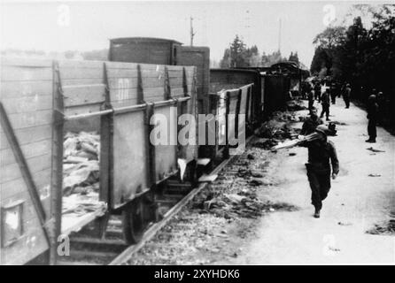 Der Todeszug Dachau bestand aus fast vierzig Triebwagen mit 5000 Gefangenen, die am 7. April 1945 aus Buchenwald evakuiert wurden. Der Zug kam am Nachmittag des 28. April mit den Leichen von 2.000 bis 3.000 Gefangenen in Dachau an, die während der Reise ums Leben gekommen waren. Der Zug mit den Leichen wurde von der US-Armee gefunden, als er am nächsten Tag freigelassen wurde. Obwohl es ein Zwangsarbeitslager war und es dort keine Gaskammern gab, waren Brutalität und gewalttätige Strafen die Norm. Dort gab es 32000 dokumentierte Todesfälle und viele Tausende weitere undokumentierte Todesfälle. Stockfoto