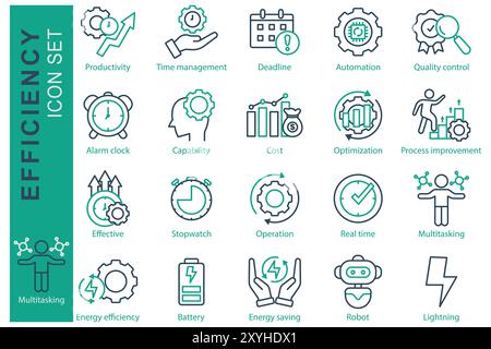 Symbolgruppe „Effizienz“. Liniensymbolstil. Symbol, das sich auf das Geschäft bezieht. Produktivität, Zeitmanagement, Funktionalität und vieles mehr. Vektorillustrat für Geschäftselemente Stock Vektor