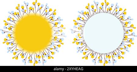 Blumenkreisrahmen mit Blütenzweigen, gelbes und hellblaues Copyspace. Set aus 2 isolierten Objekten. Vorlage für Schriftzüge oder Karten, Poster, Grußworte, Einladung oder Web, Preisschild Vektor-Illustration Stock Vektor