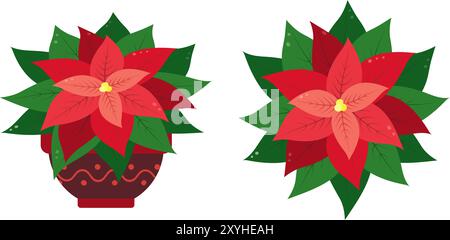 Weihnachtsstern Bunte Weihnachtsblume in trendigen hellen Neujahrsfarben isoliertes Set aus 2 Elementen Flachbild-Ansicht von oben und vorne. Karten, Poster, Banner, Broschüre, Preis, Aufkleber oder Web-Vektor-Illustration Stock Vektor