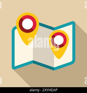 Gefaltete abstrakte Stadtkarte mit zwei farbenfrohen Positionsstiften, die Points of Interest zeigen Stock Vektor