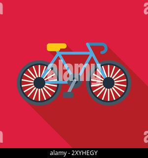 Blaues Fahrrad, das auf rotem Hintergrund mit langem Schatten steht, einfaches flaches Design des städtischen Verkehrs, ökologische Art des Verkehrs Stock Vektor