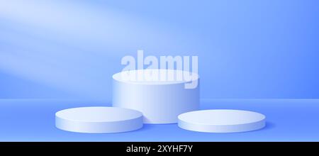 Drei 3D-Podium-Hintergrund in hellblauer Farbe. Bühnenkonzept für Studio-Plattformen. Weiche Zylindersockel-Szene für Poster, Banner, Modelldesign, Produktvorlage, Schaufenster-Display. Vektor Stock Vektor