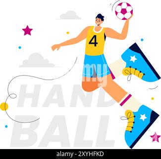 Handball-Vektor-Illustration eines Spielers, der den Ball berührt und ein Tor während eines Sportwettbewerbs in einem flachen Cartoon-Hintergrund erzielt Stock Vektor