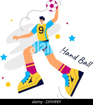 Handball-Vektor-Illustration eines Spielers, der den Ball berührt und ein Tor während eines Sportwettbewerbs in einem flachen Cartoon-Hintergrund erzielt Stock Vektor