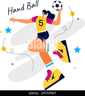 Handball-Vektor-Illustration eines Spielers, der den Ball berührt und ein Tor während eines Sportwettbewerbs in einem flachen Cartoon-Hintergrund erzielt Stock Vektor