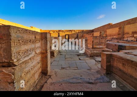 Säulenbasen mit hieroglyphen Reliefs im 2. Hypostilvollen Raum im prächtigen Tempel von Medinet Habu - Totentempel von Ramesses III. Erbaut um 1170 v. Chr. in Luxor, Ägypten Stockfoto