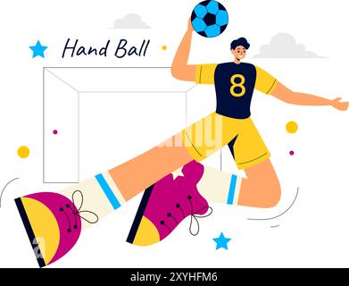 Handball-Vektor-Illustration eines Spielers, der den Ball berührt und ein Tor während eines Sportwettbewerbs in einem flachen Cartoon-Hintergrund erzielt Stock Vektor