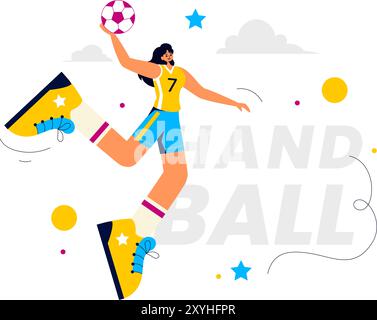 Handball-Vektor-Illustration eines Spielers, der den Ball berührt und ein Tor während eines Sportwettbewerbs in einem flachen Cartoon-Hintergrund erzielt Stock Vektor