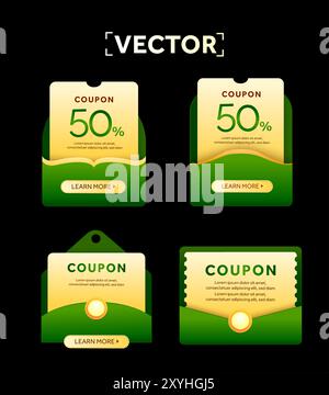 3D-Spezialpackung gelbe Coupons in grünem Umschlag, mit Gutscheincode, Rabatt in Prozent, isoliert auf Hintergrund. Geschenkgutscheinsymbole für grüne und biologische Produkte. 3D-Vektordarstellung. Vektorabbildung Stock Vektor