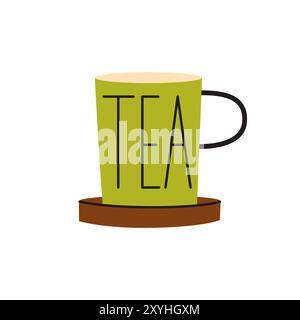 Grüne Tasse Tee. Hand gezeichnete flache Vektor-Illustration für Herbst und Herbst. Becher mit Holzuntersetzer. Gemütliche Kollektionen Stock Vektor