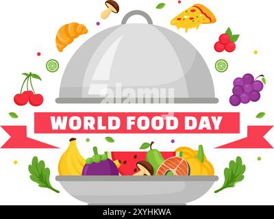 World Food Day Vektor Illustration am 16. Oktober mit verschiedenen Lebensmitteln, Obst und Gemüse in einem flachen Stil Cartoon Hintergrund Stock Vektor