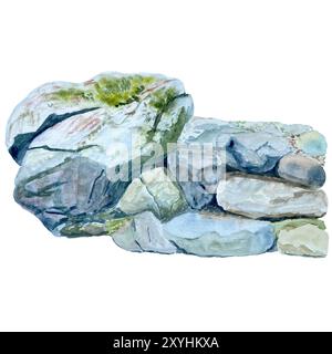 Gesteinsformation Flussseite Landschaftsgestaltungselement. Aquarell handgemalte Illustration isoliert auf weiß. Natur, Landschaft, Garten, Kletterdesign Stockfoto