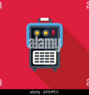Tragbare Schweißmaschine, die einen langen Schatten auf rotem Hintergrund wirft, Vorderansicht Stock Vektor