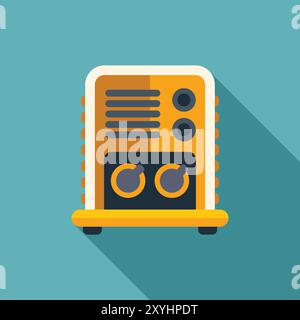 Retro-Radio-Empfänger mit Tasten und Drehrädern, der Musik mit langem Schatten auf blauem Hintergrund sendet Stock Vektor