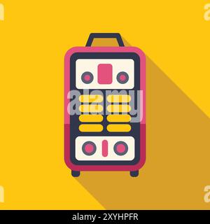 Tragbare Schweißmaschine mit langem Schatten auf gelbem Hintergrund, Symbolillustration in flachem Design-Stil Stock Vektor