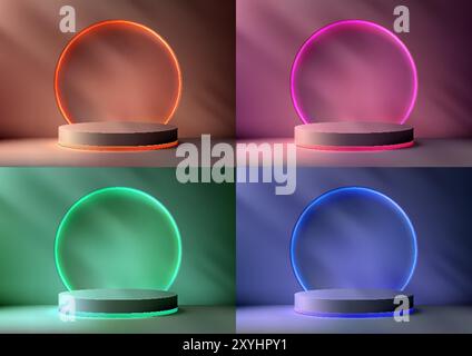 3D-Neonfarben-Podium mit einem leuchtenden Kreis aus Licht dahinter, vor dunklem Hintergrund, modernes Konzept, Produktanzeige, Modell, Ausstellungsraum, Showcase Stock Vektor