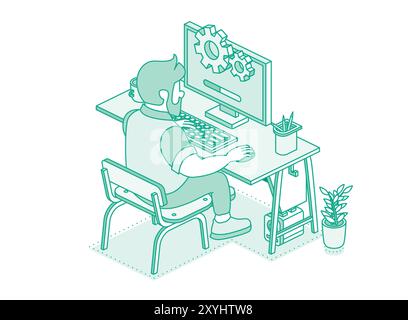 Mann, der auf dem Computer sitzt. Konzept des Arbeitsbereichs mit isometrischer 3D-Technologie. Computer, Monitor, Pflanze im Topf, Schreibtisch und Stuhl. Konzept skizzieren. Stock Vektor