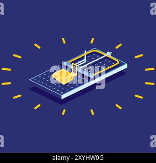 Isometrische Mausfalle mit kleinem Stück Käse. Vektorabbildung. Symbol auf blauem Hintergrund. Leere Snare. Stock Vektor