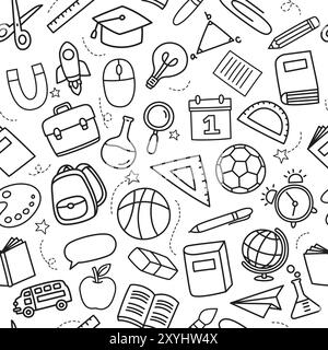 Back to School Hintergrund mit nahtlosem Muster im Doodle-Stil. Ausbildung handgezeichnete Objekte und Symbole mit dünner Linie. Stock Vektor