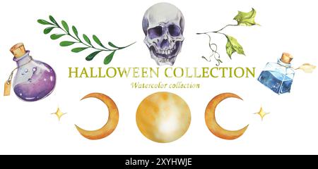 Kollektion Halloween-Thema. Zusammensetzung Der Aquarelle. Schädel, Flasche mit Trank, Mond. In Flieder-Tönen. Für Weihnachtsverpackungen, Postkarten, Einladungen, Wir Stockfoto