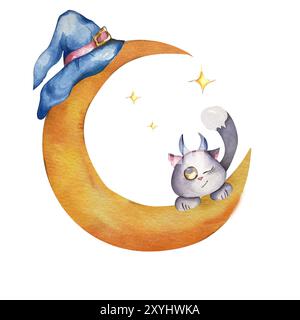 Kinderillustration. Niedliche Katze mit Hörnern auf dem Mond. Halloween-Thema. Für Weihnachtsverpackungen, Postkarten, Einladungen, Websites, Zubehör, Tuch Stockfoto