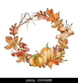 Set Kompositionen Wreath Hello Autumn. Blumen, Pilze, Beeren, Zweige, Blätter, Kürbis. Aquarellabbildung. Designelemente für Karten, Aufkleber Stockfoto