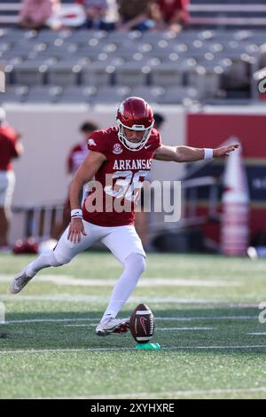 29. August 2024: Matthew Shipley #36 Arkansas Kicker nähert sich dem Ball. Arkansas besiegte Arkansas Pine Bluff 70-0 in Little Rock, AR. Richey Miller/CSM Stockfoto