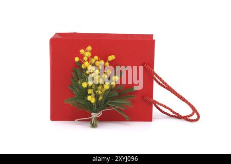 Blumenstrauß von gelben Mimosa-Blumen in der Nähe von roter Geschenktüte isoliert auf weißem Hintergrund, Ostern, 8. März Frauentag Konzept Stockfoto