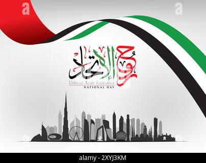 Kunst zum Nationalfeiertag der Vereinigten Arabischen Emirate mit arabischer Thuluth-Kalligraphie, die „Spirit of the Union“ auf einem abstrakten Hintergrund mit Emirat-Flagge liest Stock Vektor